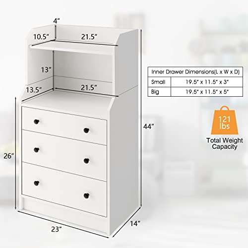 Moccha 3 Drawers Dresser with Shelf, Modern Dresser Tower with 2 Open Shelves, Chest of Drawers with Anti-toppling Device, Tall Storage Dresser Nightstand for Closet, Living Room, White - color: White