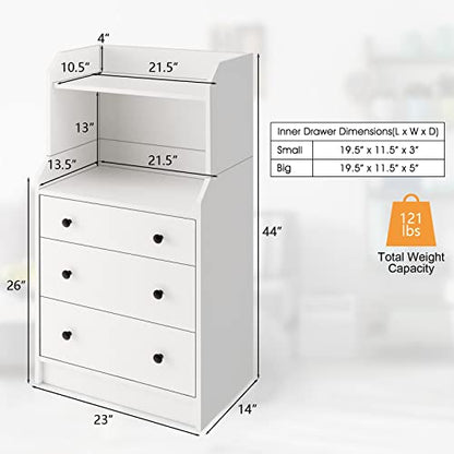 Moccha 3 Drawers Dresser with Shelf, Modern Dresser Tower with 2 Open Shelves, Chest of Drawers with Anti-toppling Device, Tall Storage Dresser Nightstand for Closet, Living Room, White - color: White