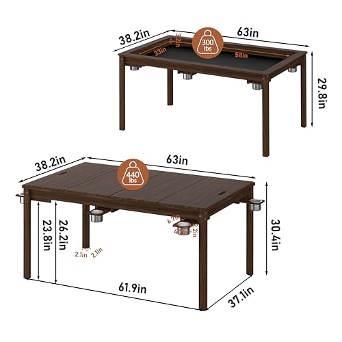 Yardenaler Solid Wood Board Game Table, Gaming & Dining Table with 58” x 33” Big Gaming Space and Removable Top, Seats 4 to 6 Players, Includes Leatherette Play Mat, 6 Cup Holders & Flush Pull Design - size: 63"L x 38.2"W x 30.4"H