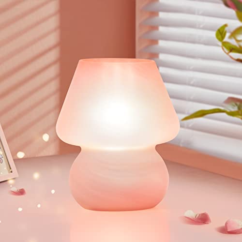 ONEWISH Mushroom Lamp Cute Table Lamp for Bedroom Nightstand Soft Light Pink, Small Glass Nightlight Stepless Dimmable Desk Lamp for Dining, Living, Nursery, Vanity, Home Decor Lamp for Girls Women - color: pink-1pack