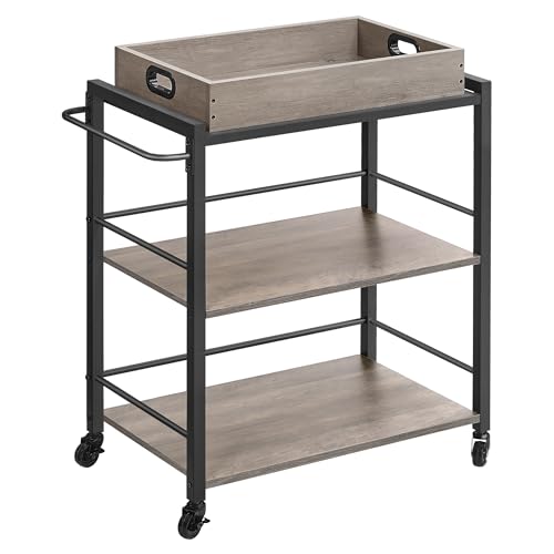 VASAGLE Kitchen Serving Cart with Removable Tray, 3-Tier Kitchen Utility Cart on Wheels with Storage, with Brakes, Leveling Feet, 15.7 x 28.3 x 33.9 Inches, Greige and Black ULRC072B02 - color: Greige + Black, size: 15.7"D x 28.3"W x 33.9"H