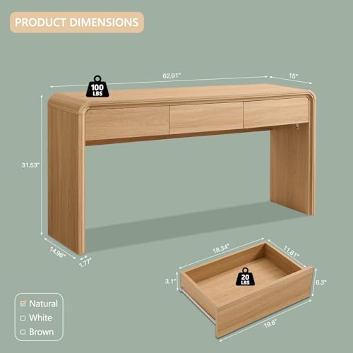 Aitjunz 63'' Console Table with 3 Drawers, Modern Entryway Table with Curved Profile Design, Narrow Long Wood Sofa Table Behind Couch Table for Living Room, Hallway, Foyer, Natural - color: Natural