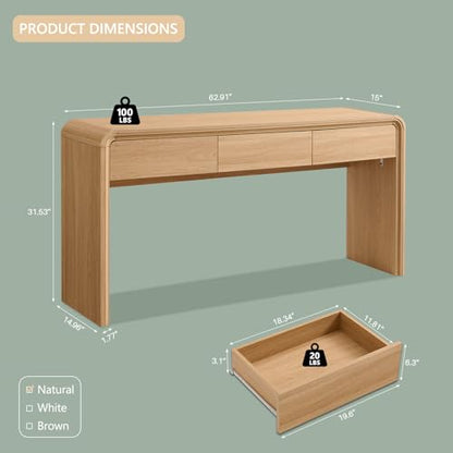 Aitjunz 63'' Console Table with 3 Drawers, Modern Entryway Table with Curved Profile Design, Narrow Long Wood Sofa Table Behind Couch Table for Living Room, Hallway, Foyer, Natural - color: Natural