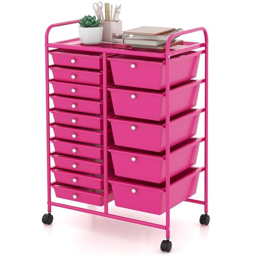 Moccha 15-Drawer Rolling Storage Cart - Under Desk Storage Drawers with wheels for Craft Art Supply Paper Salon, Scrapbook Paper Tools, Mobile Utility Cart for Classroom (15 Drawers, Hot Pink) - color: Hot Pink, style: 15 Drawers