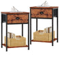 Furologee Nightstands Set of 2, Night Stand with Fabric Drawer and Storage Shelf, Retro Bedside Sofa Tables for Small Place, End Side Tables Living Room Bedroom, Rustic Brown