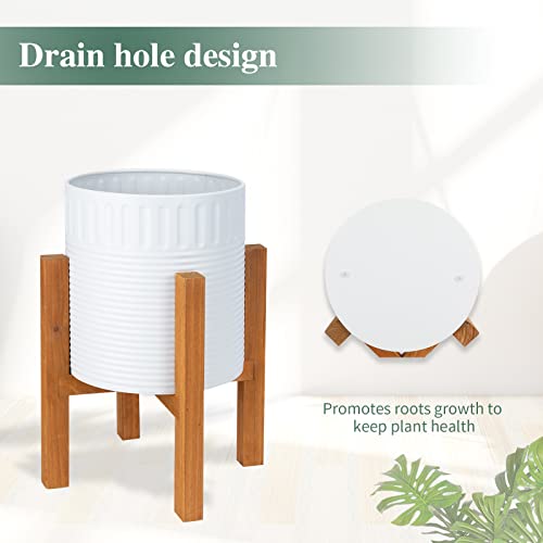 2-Piece White Metal Planter Set with Wood Stand, Indoor Mid Century Modern Planters with Drainage, 8" & 10"
