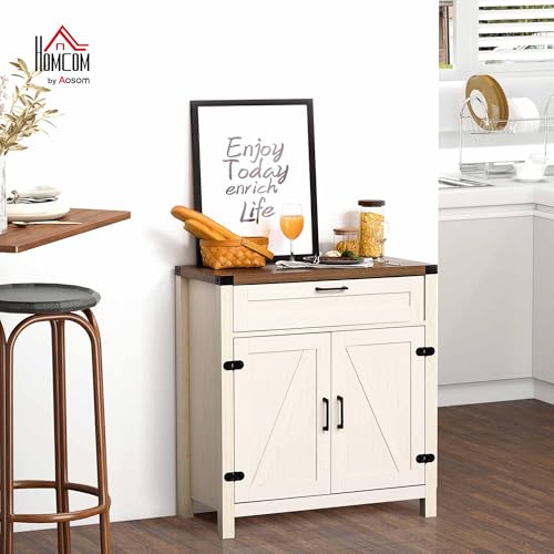 HOMCOM Sideboard, Storage Drawer, Coffee Bar Cabinet, Distressed White | Kitchen Cabinet, 2 Barn Doors, Modern Farmhouse - color: Distressed White