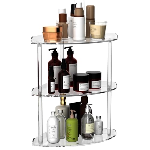 Sezanrpt 3 Tier Acrylic Corner Shelf Organizer Storage 9.5x9.5x15.7 Inch, Transparent Countertop Corner Shelf for Bathroom, Kitchen, Bedroom, Office, Study Room - color: Clear, size: 9.4x9.4x15.7 Inch