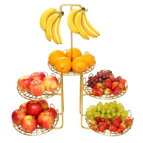 5-Tier Fruit Basket for Kitchen Counter, Metal Wire Fruit and Vegetable Storage Organizer with Bottom Slide-Out Tray, Space Saving Design for Pantry, Countertop (Gold) - color: Gold, size: 5-tier gold