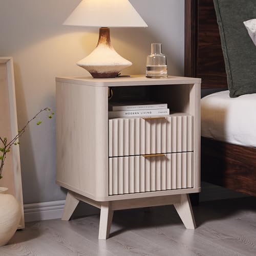 T4TREAM Fluted Nightstand with Charging Station, 18" Modern Side Table with 2 Drawers, End Table w/Storage, Bedside for Bedroom, Living Room, Curved Profile Design, White Alder - color: White Alder