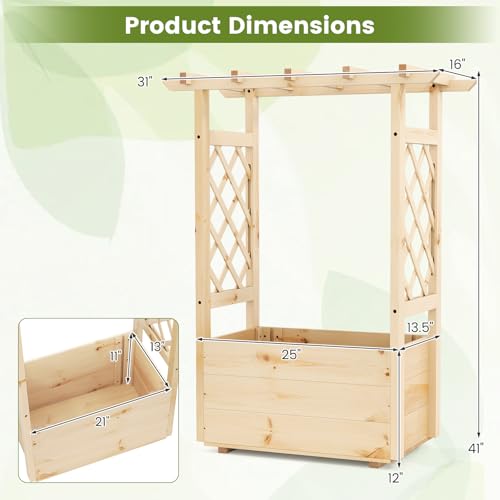Giantex Raised Garden Bed with Sided Trellis & Hanging Roof, Wood Planter Box, Freestanding Garden Planter Raised Bed for Flowers Herbs Climbing Vines 31”x16”x41” (L x W x H) - color: Natural, size: 31”x16”x41”