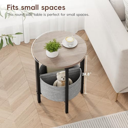 Vagusicc Small Round Side Table End Table, Tall Accent Table with Storage Basket, Set of 2 Half Round Tables Half Moon Tables, Coffee Bedside Tables, Modern Nightstand for Living Room Bedroom, Gray - color: Greige