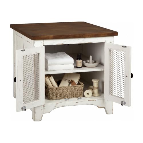 Signature Design by Ashley Wystfield Farmhouse End Table with Storage, Distressed White & Brown Finish - color: Dark Brown & White