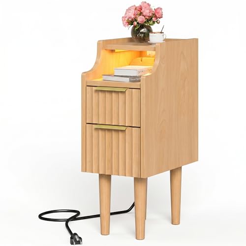 Fluted Narrow Nightstand with Charging Station, Solid Wood Night Stand with 2 Drawers, Natural Mid Century Modern Led Nightstand, Small Beside Table with Open Storage Shelf for Bedroom （10 inch） - color: Natural