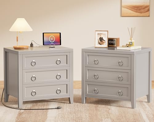 Huuger Paint Night Stand with Charger Station, 3 Drawer Nightstand Set of 2 | Larger Wider Bedside Table with USB-C Port, Modern End Table, for Bedroom, Living Room, Grey Nightstand - color: Grey