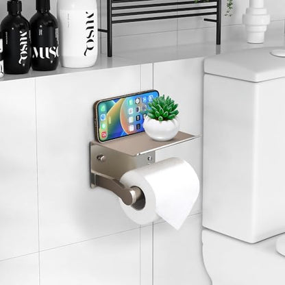 Homely Trove Toilet Paper Holder with Shelf - Self Adhesive Tissue Towel Dispenser or Wall Mounted Toilet Paper Roll Holder - Rustproof Bathroom Phone Holder Tissue Holder Brushed Nickel - color: Silver