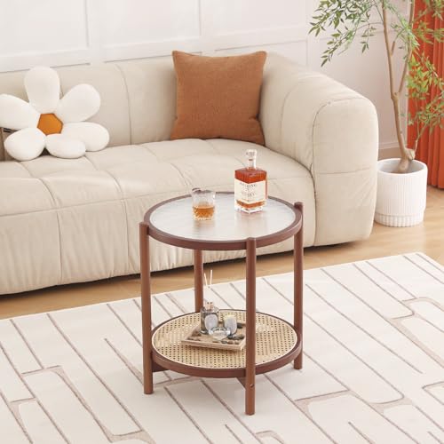 Tiita Rattan Nightstand Side Table, Bamboo Accent Bedside Tables, Glass Coffee Tables, Boho Wooden End Table with Storage for Small Space, Living Room and Bedroom - color: Round Table-s-brown