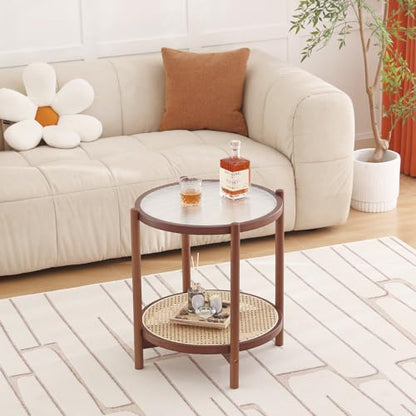 Tiita Rattan Nightstand Side Table, Bamboo Accent Bedside Tables, Glass Coffee Tables, Boho Wooden End Table with Storage for Small Space, Living Room and Bedroom - color: Round Table-s-brown