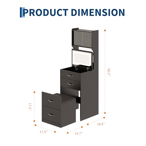 Garvee 3 in 1 Vanity Desk with 3 Color LED, Compact Makeup Vanity Set with 2 AC Outlets & USB, Dressing Table with Drawers & Acrylic Doors, Nightstand Vanity Mirror, Jewelry Box, Hidden Chair, Black - color: Black
