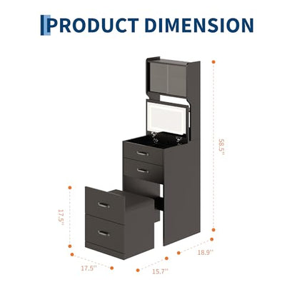 Garvee 3 in 1 Vanity Desk with 3 Color LED, Compact Makeup Vanity Set with 2 AC Outlets & USB, Dressing Table with Drawers & Acrylic Doors, Nightstand Vanity Mirror, Jewelry Box, Hidden Chair, Black - color: Black
