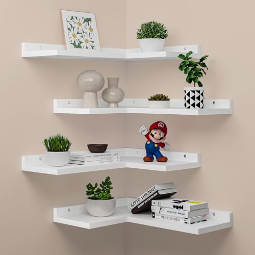 4-Tier Corner Floating Shelves, Rustic Pine L-Shaped Shelves for Creative Wall Storage in Bedroom, Bathroom & Any Room - White - color: (1) White Corner Shelves