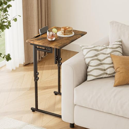 Adjustable Folding TV Tray Table,TV Dinner Small Foldable C-Shaped End Table for Eating,6 Height Adjustable Slide Under Couch Side with Sturdy MDF Top,No Assembly(Brown,2Pcs) - color: Brown, size: 2PCS