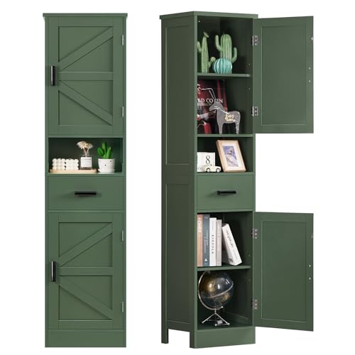 TEENFON 67" H Tall Bathroom Storage Cabinet with Barn Doors and Drawer, Narrow Bathroom Cabinet, Narrow Storage Unit, Adjustable Shelves, Floor Cabinets for Living Room, Forest Green - color: Green