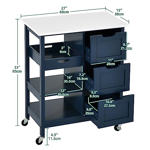 YITAHOME Small Solid Wood Top Kitchen Island Cart on Wheels with Storage, Rolling Portable Dining Room Serving Utility Carts Mobile Movable with 3 Drawers Cabinet, Navy Blue - style: 26.7"W Blue