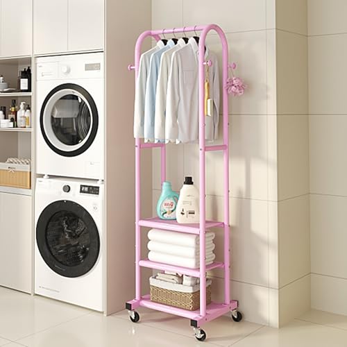 Dttwacoyh Clothing Rack with Wheels,Narrow Metal Garment Rack,Pink | Easy to install, 71.8 Inches Display Rack with 4 Side Hooks & 3 Shelves,for Small Flats, Bedroom, Entryway,Pink Clothes Rack - color: Pink