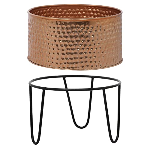 MyGift Modern Hammered Copper Tone Planter Pot, 8 and 10 Inch Metal Round Plant Container with Matte Black Wire Stand, Set of 2 - Handcrafted in India - color: Copper
