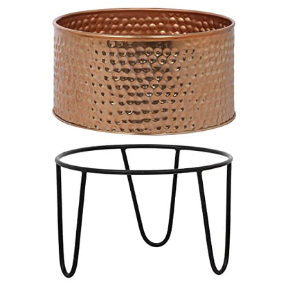 MyGift Modern Hammered Copper Tone Planter Pot, 8 and 10 Inch Metal Round Plant Container with Matte Black Wire Stand, Set of 2 - Handcrafted in India - color: Copper