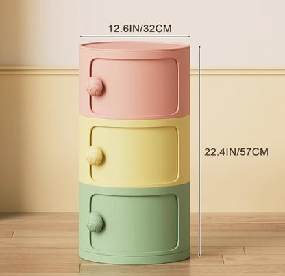 3 Tier Round Nightstand with Drawers, Plastic Pink Nightstand Modern Round Bedside Table with Handles and Sliding Door for Bedroom, Living Room - color: Pink