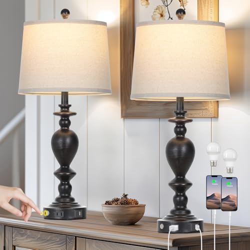 Cinkeda 28" Black Farmhouse Table Lamps Set of 2 with USB C+A Ports & AC Outlet for Vintage Living Room Rustic Bedroom,3-Way Dimmable Touch Lamp Retro Resin Bedside Lamps for Nightstand Side Table - color: Black