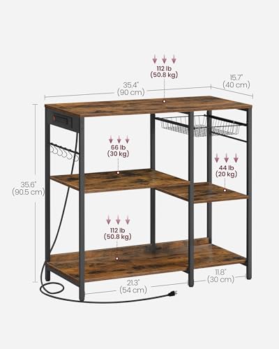 VASAGLE Baker's Rack, Coffee Bar Stand with Charging Station, 35.6 Inches Tall, Storage Shelves, Pull-Out Wire Basket, Table for Microwave, Kitchen, Rustic Brown and Ink Black UKKS036K01 - color: Rustic Brown + Ink Black, style: With Power Outlet
