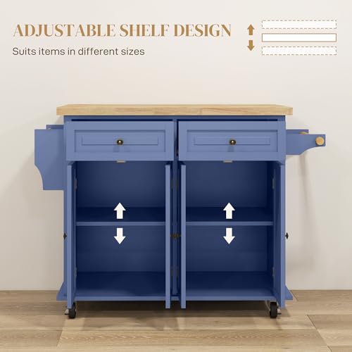 HOMCOM Kitchen Island Cart with Solid Wood Top, 44" Mobile Kitchen Island Table on Wheels with Storage Cabinets, 2 Drawers, Adjustable Shelves, Spice Rack & Towel Bar for Dining Room, Navy Blue - color: Navy Blue