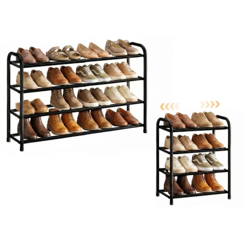 ENJOYBASICS 4 Tier Expandable Shoe Rack for Closet, Free Standing Metal Shoe Shelf Storage Organizer Holder 16 Pairs, Adjustable Width Shoe Rack for Entryway Small Space, Black - size: 4 Tier (8-16 Pairs)