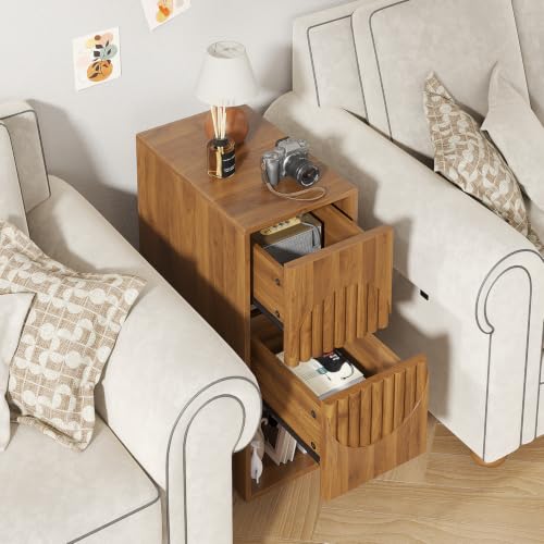 9.8" Narrow Nightstand with 2 Drawers, Slim End Table, Small Bedside Table | Fluted side table, push to open design, for small area, sapce saving, walnut, for living room, for bedroom