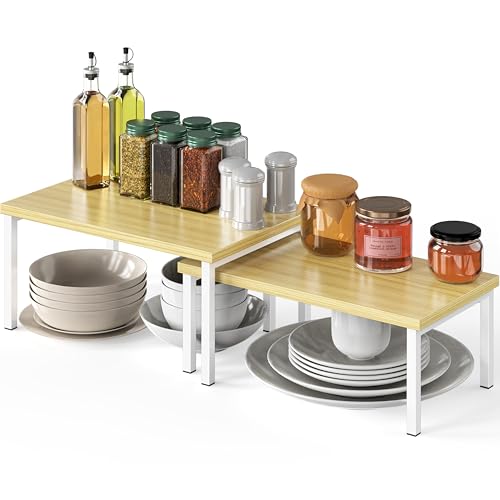 Simple Houseware Expandable Stackable Cabinet and Counter Shelf Organizer with Wooden Surface, 7.6'' D x 11.75'' W x 6.1'' H, Oak - color: Oak
