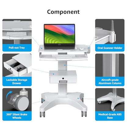 Medical Trolley Cart with Laptop Tray and Oral Scanner Holder, Mobile Workstation on Wheels with a Drawer for Hospital Dental Clinics Beauty Salons (OC-3) | Aviation aluminum, 360° lockable wheels, lockable drawer, 30kg load capacity, universal scanner ho