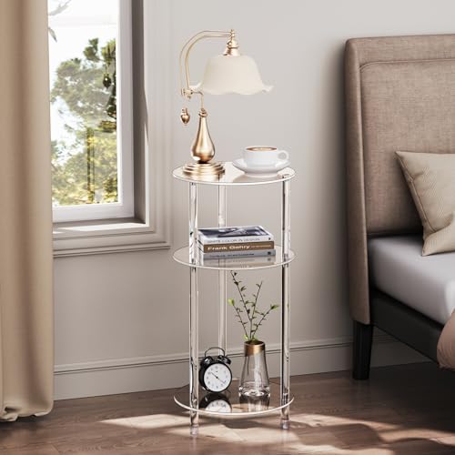 Clear Round Acrylic Side Table for Small Spaces, 11.81" L x 11.81" W x 24.6" H, 3 Tier Small Modern Drink End Table Nightstand, Minimalist Bedside Table for Living Room, Bedroom, Bathroom - size: 3 Tier 1-Pack (24.6"H)