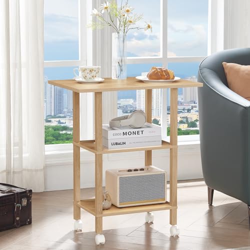 YUFAM 3 Tier Home Printer Stand with Storage, Natural | Wooden Mobile Printer Table Shelf, Rolling Printer Cart Shelf with Lockable Wheels fit Fax Machine, Scanner - color: Wood, size: 15.75"D×23.65"W×25.7"H