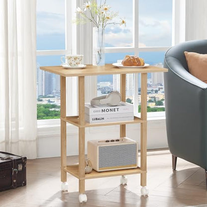 YUFAM 3 Tier Home Printer Stand with Storage, Natural | Wooden Mobile Printer Table Shelf, Rolling Printer Cart Shelf with Lockable Wheels fit Fax Machine, Scanner - color: Wood, size: 15.75"D×23.65"W×25.7"H