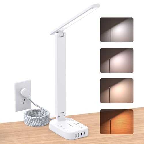 One Beat Small LED Desk Lamp Power Strip 10ft Extension Cord, 3 Outlets 4 USB Ports(2 USB C), 4 Modes, 5 Level Touch Lamp, Study Reading Light, Home Office Bedroom College Dorm Room Essentials, White - color: White, size: 10 Ft
