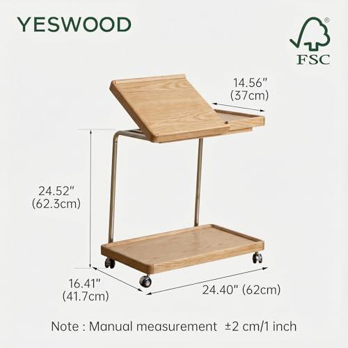 YESWOOD Adjustable C-Shaped Couch Table with Lockable Wheels – Rolling Small Space Side Table, Solid Wood End Table for Sofa, Bed & Living Room(Natural,16.41" D x 24.4" W x 24.52" H) - color: Natural