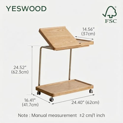 YESWOOD Adjustable C-Shaped Couch Table with Lockable Wheels – Rolling Small Space Side Table, Solid Wood End Table for Sofa, Bed & Living Room(Natural,16.41" D x 24.4" W x 24.52" H) - color: Natural