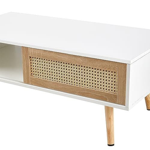 Meihua Rattan Coffee Table with Sliding Door Storage, Mid Century Modern Center Table with Open Shelf and Hidden Compartment, Natural Wood Coffee Table with Solid Wood Legs for Living Room, Apartment - color: White