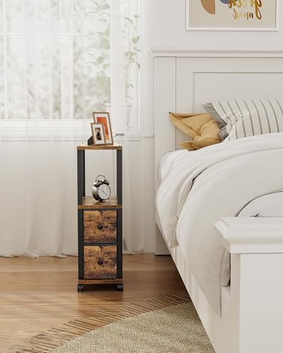 TUTOTAK Small Narrow End Tables, Side Tables with 2 Fabric Drawers, Set of 2, Bedside Tables with Charging Station for Small Spaces, Slim Nightstands with USB Ports and Wheels, TB01BB053C - color: Brown and Black, style: with Outlets