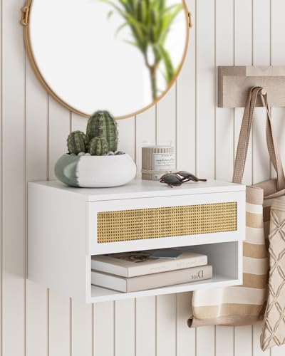 Small Modern Nightstand with Drawer, Floating Shelves for Bedroom, Bathroom (White Rattan) - color: White Rattan