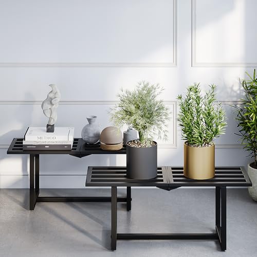 Plant Stand Indoor Outdoor, Foldable Metal Plant Shelf for Multiple Pots, Mid Century Slatted Bench for Patio Garden, Heavy Duty Capacity 330 lbs 2 Pack Black - color: 1 Tier Black