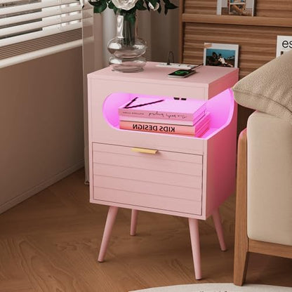 Veegle Nightstand,Modern Bedside Table with Storage Drawer and Open Wood Shelf, Accent Night Stand with Solid Wood Legs for Living Room, Bedroom and Small Spaces,Easy Assembly (Pink-1) - color: Pink-1